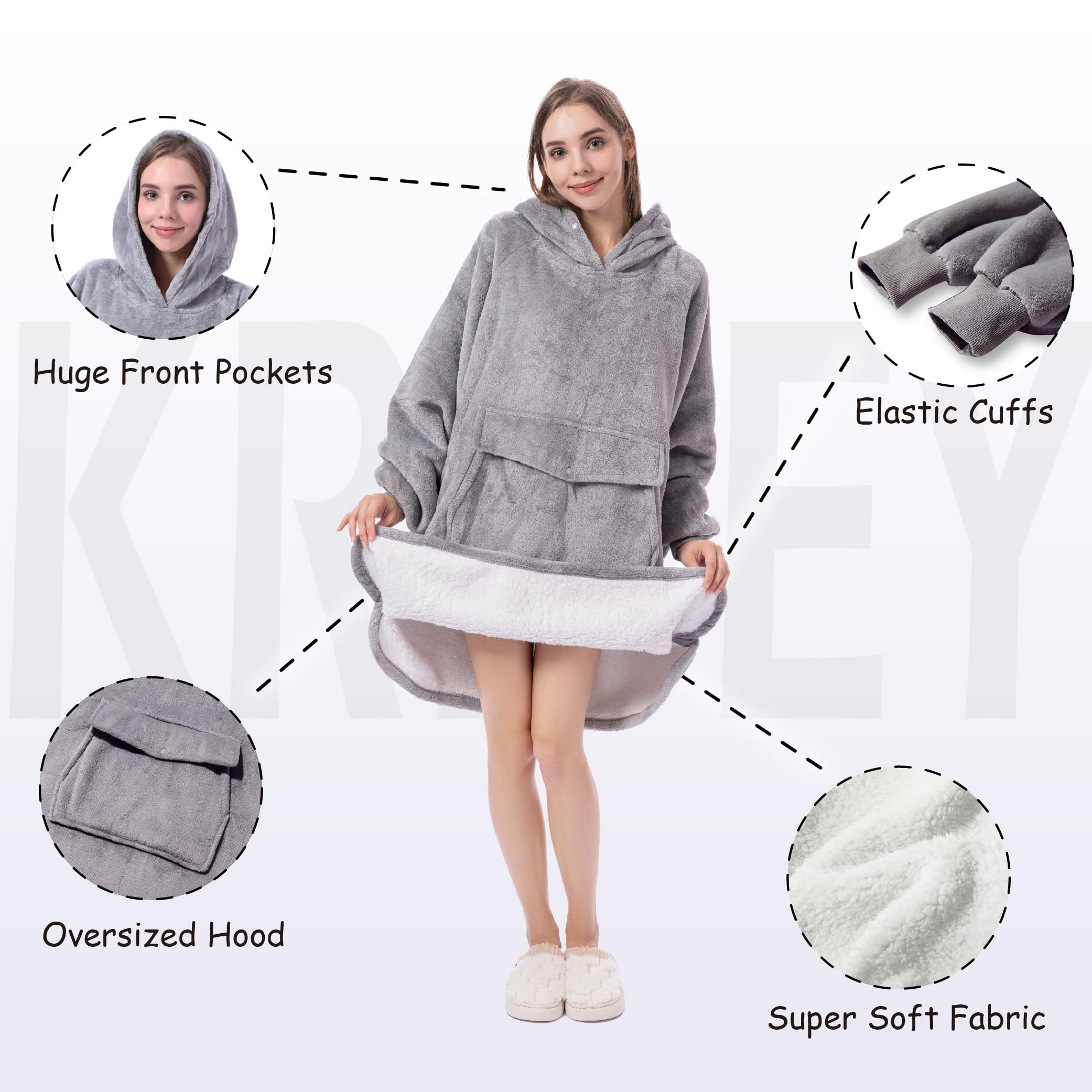 Krifey Wearable Blanket Hoodie, Oversized Sherpa Hooded as Birthday Gifts for Mom Women Girlfriend Men, Cozy Sweatshirt with Giant Pocket