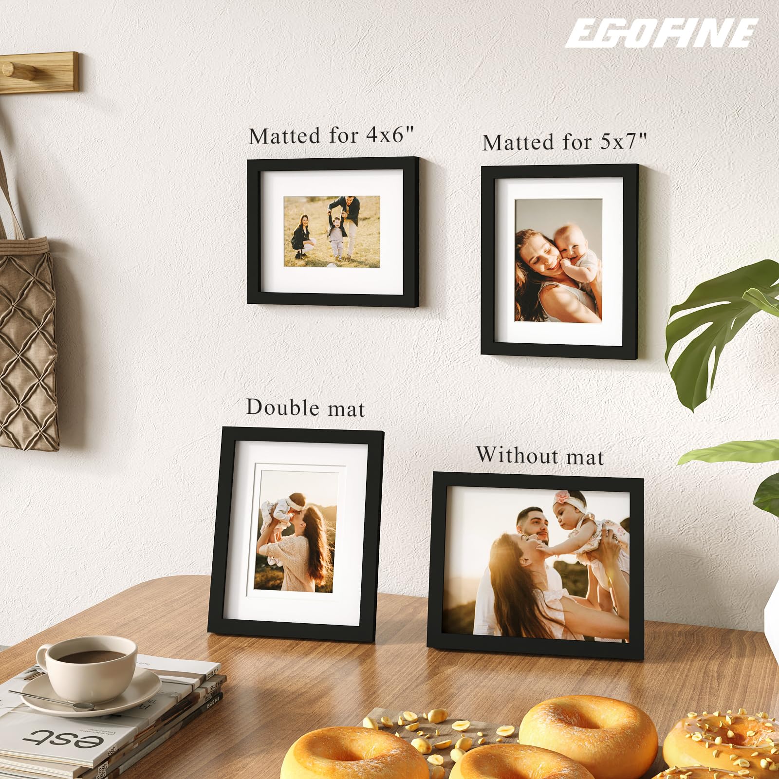 Egofine 8x10 Picture Frames 4 PCS, Made of Solid Wood Display 4x6 and 5x7 with Mat Covered by Plexiglass, for Table Top Display and Wall Mounting, photo frame Black