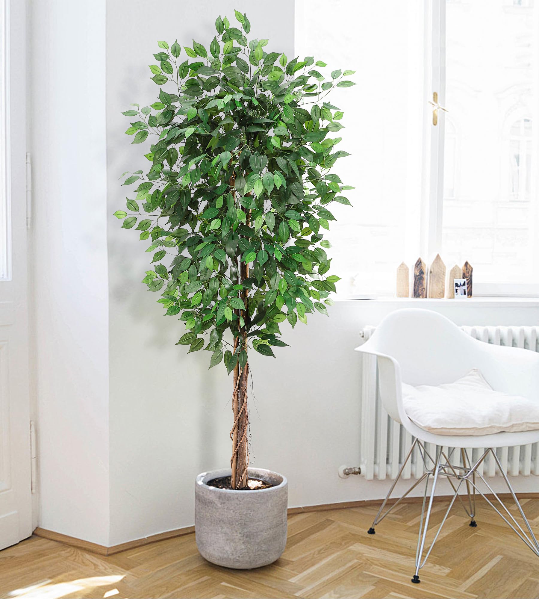 GarveeHome 6FT Artificial Ficus Tree with Natural Wood Trunk, Fake Ficus Silk Tree in Plastic Nursery Pot, Faux Plant for Indoor Outdoor House Living Room Office Garden Decor