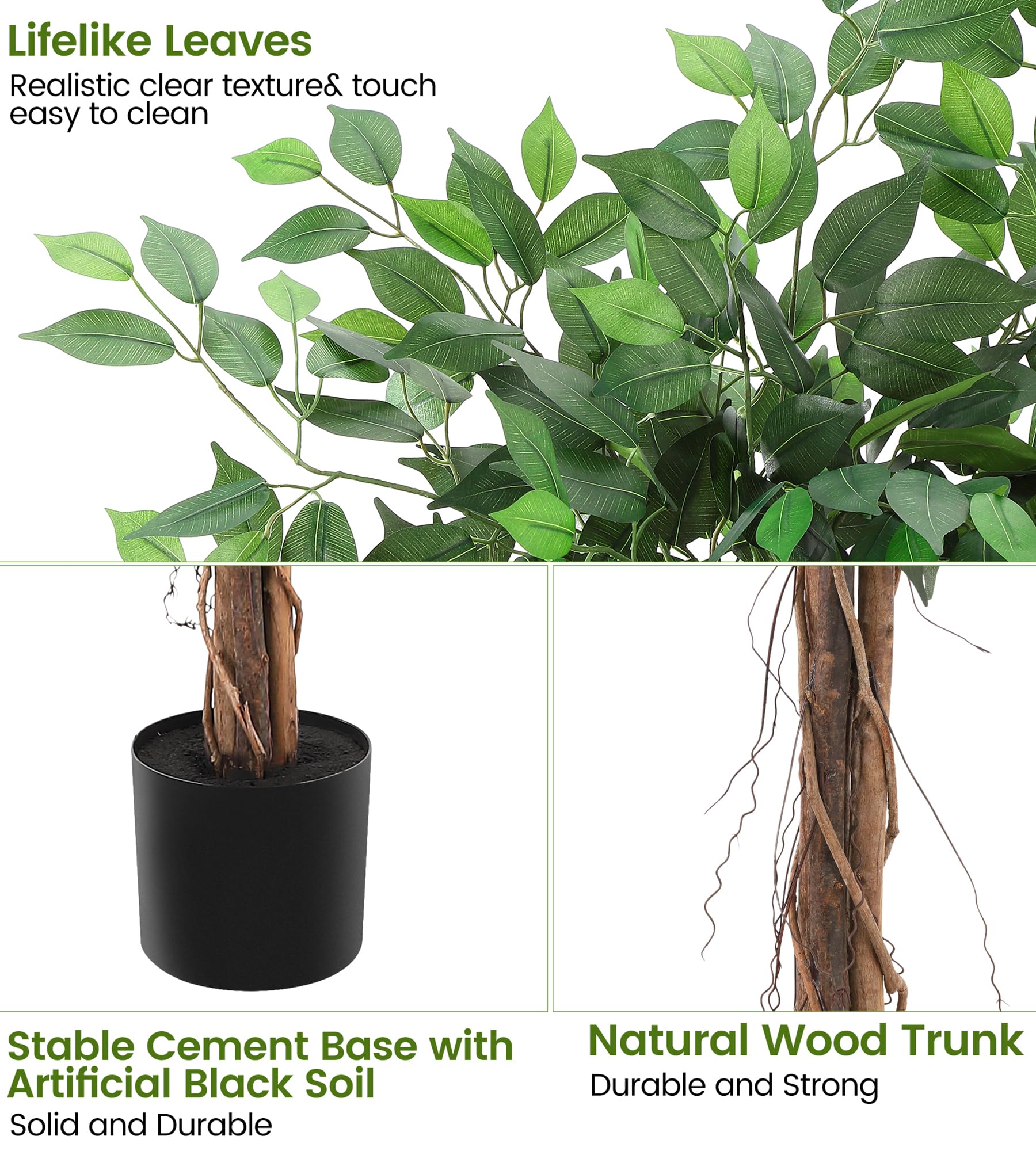 GarveeHome 6FT Artificial Ficus Tree with Natural Wood Trunk, Fake Ficus Silk Tree in Plastic Nursery Pot, Faux Plant for Indoor Outdoor House Living Room Office Garden Decor